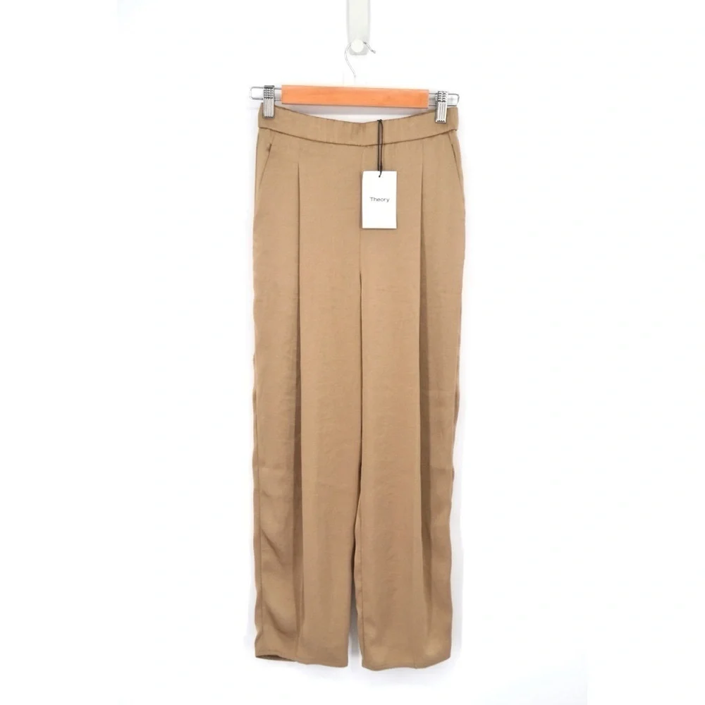 NEW Theory Pleated Carrot Trouser Pant Pull On Crushed Satin in Beige Women's 00 - Picture 2 of 9